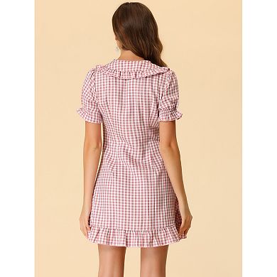 Women's Gingham Print Ruffled Doll Collar Mini Dress