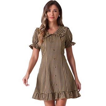 Women's Gingham Print Ruffled Doll Collar Mini Dress