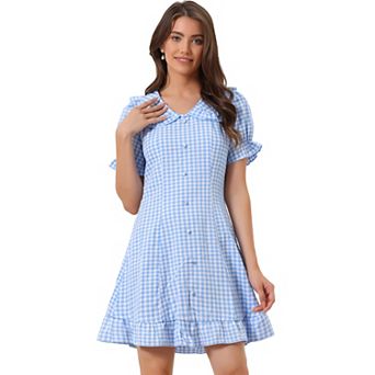 Women's Gingham Print Ruffled Doll Collar Mini Dress