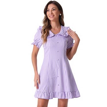Women's Gingham Print Ruffled Doll Collar Mini Dress