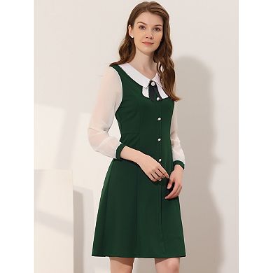 Women's Contrast Collar Long Sleeves A-line Button Decor Short Dress