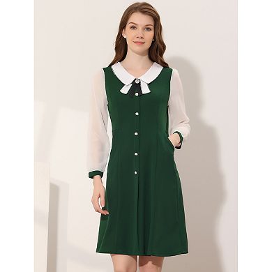 Women's Contrast Collar Long Sleeves A-line Button Decor Short Dress
