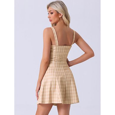 Women's Plaid Check Strap Zipper Front Sleeveless Dress