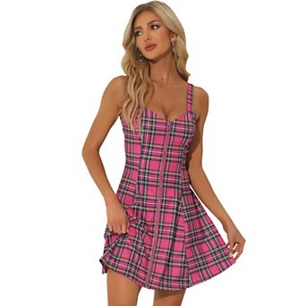 Women's Plaid Check Strap Zipper Front Sleeveless Dress