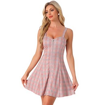 Women's Plaid Check Strap Zipper Front Sleeveless Dress