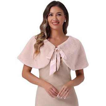 Women's Wedding Faux Fur Cropped Shrug Shawl with Bowknot Satin Ribbon