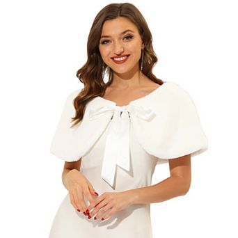 Women's Wedding Faux Fur Cropped Shrug Shawl with Bowknot Satin Ribbon