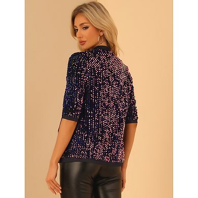 Women's Shiny Sequin Open Front Collarless 3/4 Sleeve Velvet Cardigan