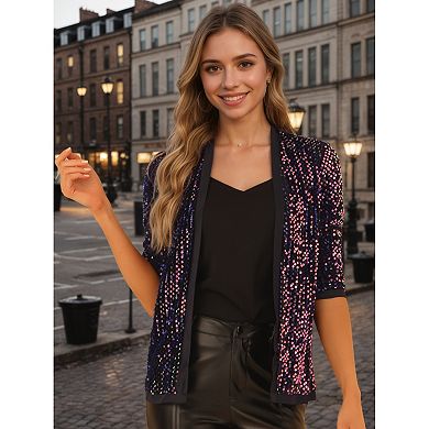 Women's Shiny Sequin Open Front Collarless 3/4 Sleeve Velvet Cardigan