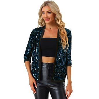 Women's Shiny Sequin Open Front Collarless 3/4 Sleeve Velvet Cardigan