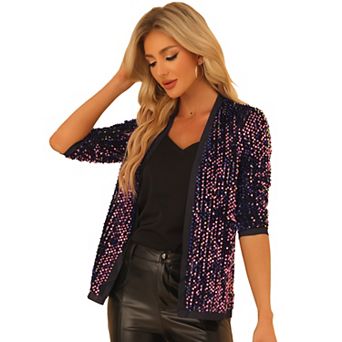 Women's Shiny Sequin Open Front Collarless 3/4 Sleeve Velvet Cardigan