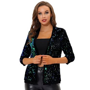 Women's Shiny Sequin Open Front Collarless 3/4 Sleeve Velvet Cardigan