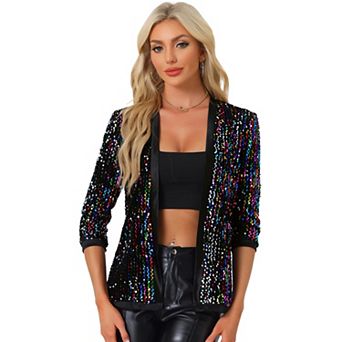 Women's Shiny Sequin Open Front Collarless 3/4 Sleeve Velvet Cardigan