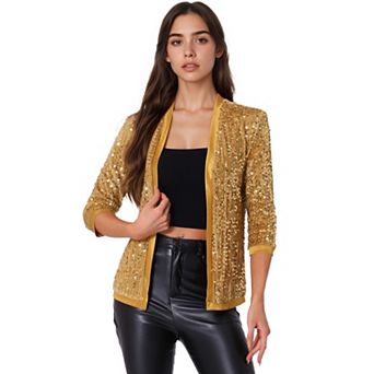Women's Shiny Sequin Open Front Collarless 3/4 Sleeve Velvet Cardigan