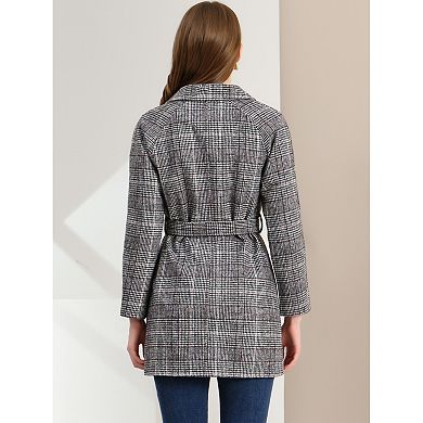 Women's Notched Lapel Raglan Long Sleeves Houndstooth Trenchcoat