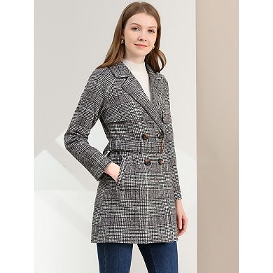 Women's Notched Lapel Raglan Long Sleeves Houndstooth Trenchcoat