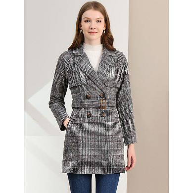Women's Notched Lapel Raglan Long Sleeves Houndstooth Trenchcoat