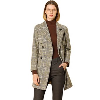 Women's Notched Lapel Raglan Long Sleeves Houndstooth Trenchcoat