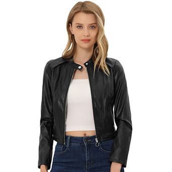 Women's Faux Leather Jackets Fashion Front Zip Up Short Moto Biker Coat