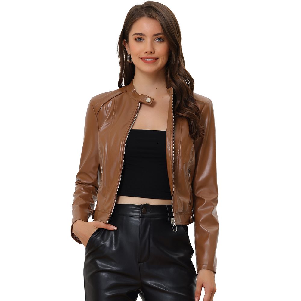 Women's Faux Leather Jackets Fashion Front Zip Up Short Moto Biker