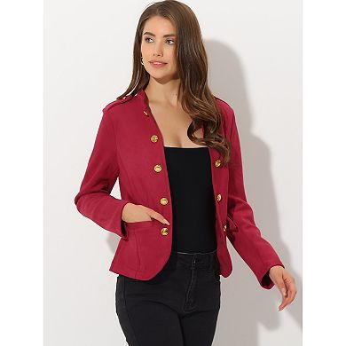 Women's Faux Suede Open Front Long Sleeve Button Decor Steampunk Jacket