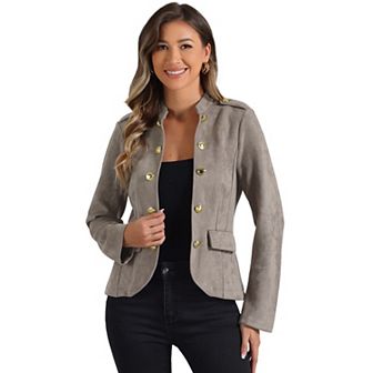 Women's Faux Suede Open Front Long Sleeve Button Decor Steampunk Jacket