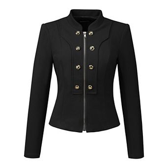 Women's Vintage Steampunk Stand Collar Button Decor Zip Up Blazer Jacket
