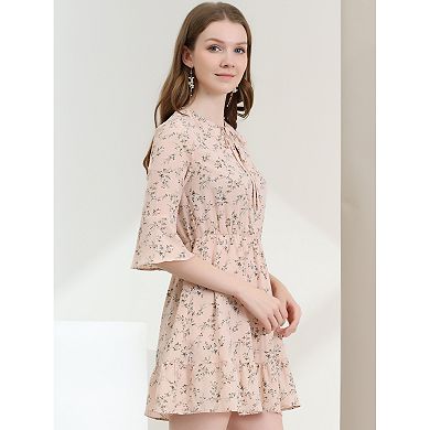 Women's Floral Bell 3/4 Sleeves Tie Neck Ruffle Hem Dresses