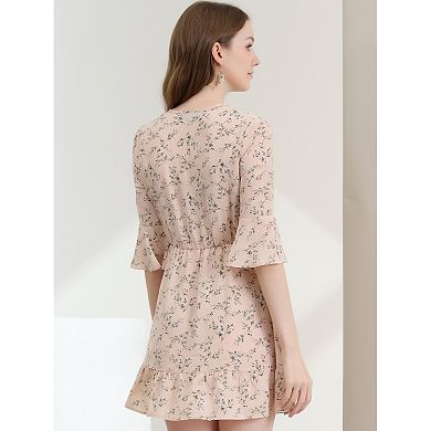 Women's Floral Bell 3/4 Sleeves Tie Neck Ruffle Hem Dresses