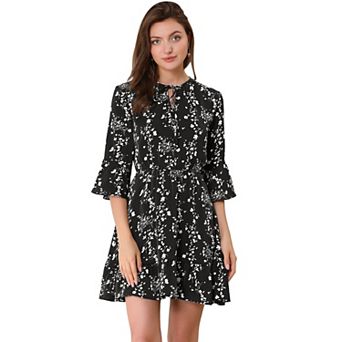 Women's Floral Bell 3/4 Sleeves Tie Neck Ruffle Hem Dresses