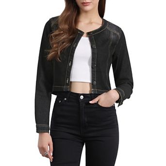 Women's Denim Collarless Button Down Long Sleeve Jean Jacket