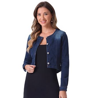 Women's Denim Collarless Button Down Long Sleeve Jean Jacket