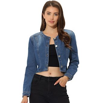 Women's Denim Collarless Button Down Long Sleeve Jean Jacket