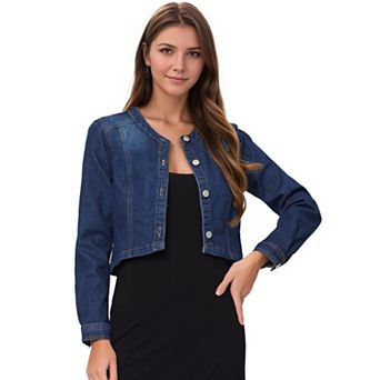 Women's Denim Collarless Button Down Long Sleeve Jean Jacket