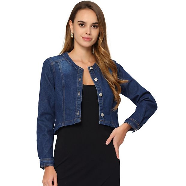 Unique Bargains Women's Button Down Collarless Long Sleeve Cropped Denim  Jacket 