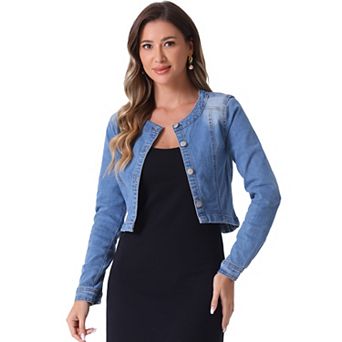Women's Denim Collarless Button Down Long Sleeve Jean Jacket