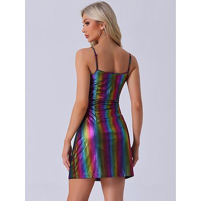 Women's Metallic Glitter Cowl Neck Spaghetti Strap Prom Mini Dress