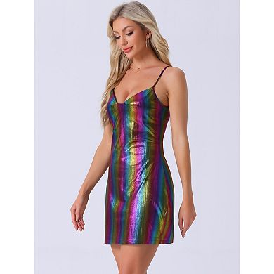 Women's Metallic Glitter Cowl Neck Spaghetti Strap Prom Mini Dress