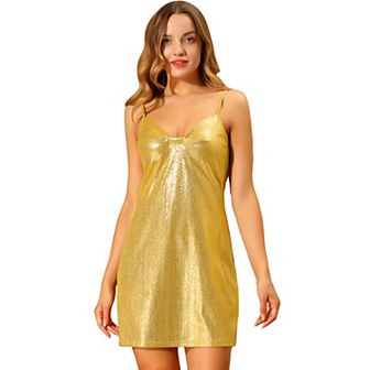 Women's Metallic Glitter Cowl Neck Spaghetti Strap Prom Mini Dress