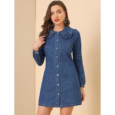 Women's Peter Pan Collar Button Down A-Line Long Sleeve Denim Dress