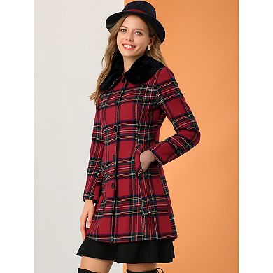 Women's Plaid Winter Faux Fur Collar Outerwear Long Coat