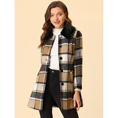 Women's Plaid Winter Faux Fur Collar Outerwear Long Coat