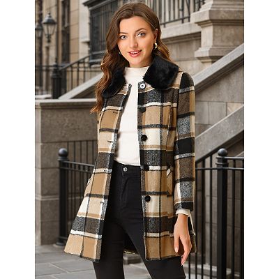 Women's Plaid Winter Faux Fur Collar Outerwear Long Coat