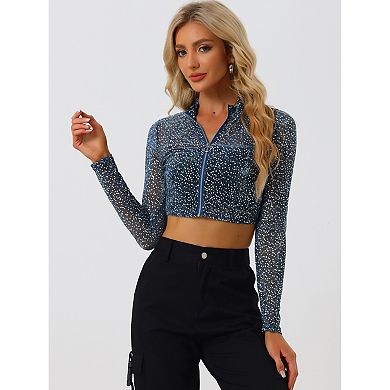 Women's Dots Stand Collar Semi Sheer Cropped Jacket