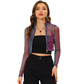 Women's Dots Stand Collar Semi Sheer Cropped Jacket