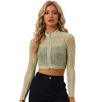 Women's Dots Stand Collar Semi Sheer Cropped Jacket
