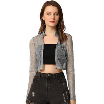 Women's Dots Stand Collar Semi Sheer Cropped Jacket