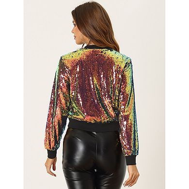 Women's Sequin Party Long Sleeve Zipper Up Cropped Bomber Jacket