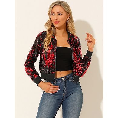 Women's Sequin Party Long Sleeve Zipper Up Cropped Bomber Jacket