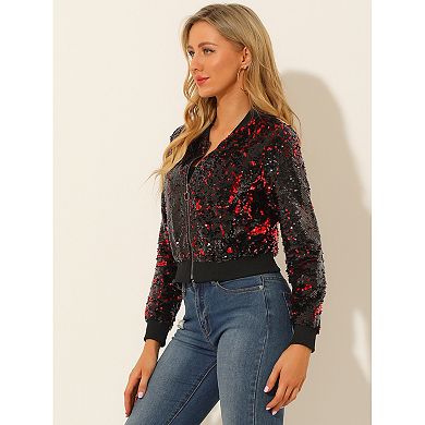 Women's Sequin Party Long Sleeve Zipper Up Cropped Bomber Jacket